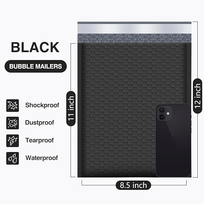 UCGOU Bubble Mailers 8.5x12 Inch Black 25 Pack Usable Size 8.5x11 Poly Padded Envelopes #2 Medium Mailing Opaque Packaging Postal Self Seal Waterproof Boutique Shipping Bags for Clothes Makeup