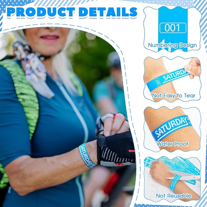 Henoyso 600 Pcs Saturday Paper Wristbands Event Wristbands Paper Bracelets Wristbands Numbered Waterproof Party Wristbands for Events Day of The Week(Blue)