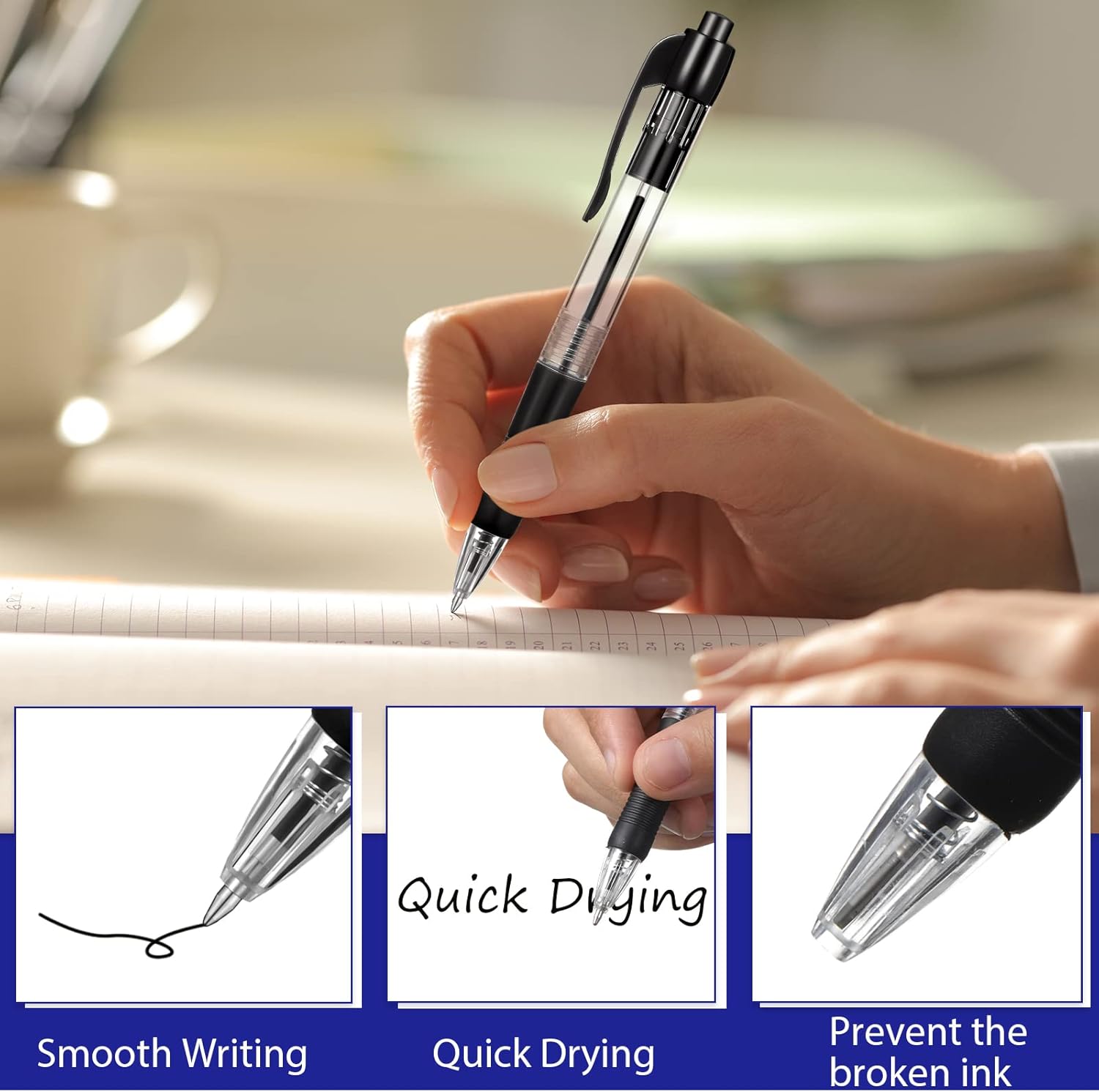 Fainne 200 Pack Retractable Ballpoint Pen 1.0 mm Medium Point Refillable Smooth Click Writing Pens With Grip for Work Journal Writing Office School Supplies(Black Ink)