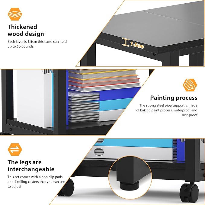 Under Desk Printer Stand, 2-Tier 19.5''x 16''x 22'' Rolling Printer Stand Storage Shelves for Printer, Scanner, Fax Machine, Files, Books with Anti-Skid Feet for Home, Office, Black