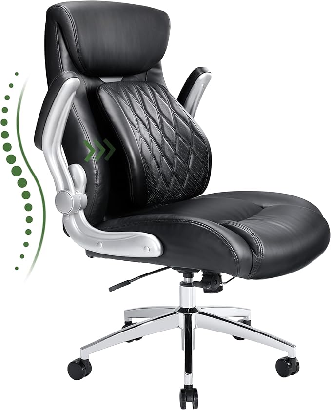 Marsail Comfortable-Office Chair with Dynamic-Lumbar Support: High Back PU Leather Executive Office Chair with Flip-up Arms Tilt Function, Ergonomic Executive Desk Chair for Home Office Work, Black