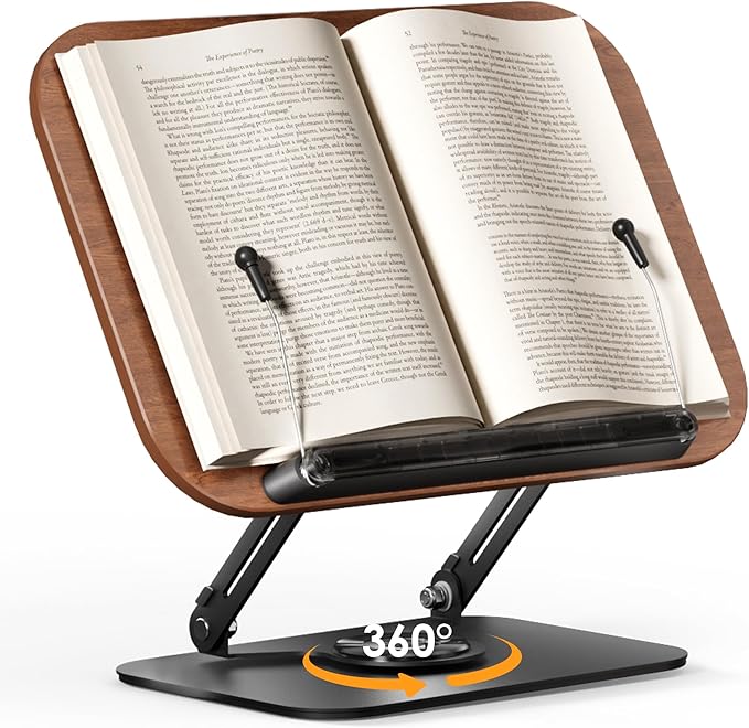 Book Stand for Reading, Adjustable Book Holder with 360° Rotating Bases, Foldable Designs, and Elastic Clips, Multifunctional Display Stand for Recipe, Cookbooks, Magazines, Tablets, Laptops