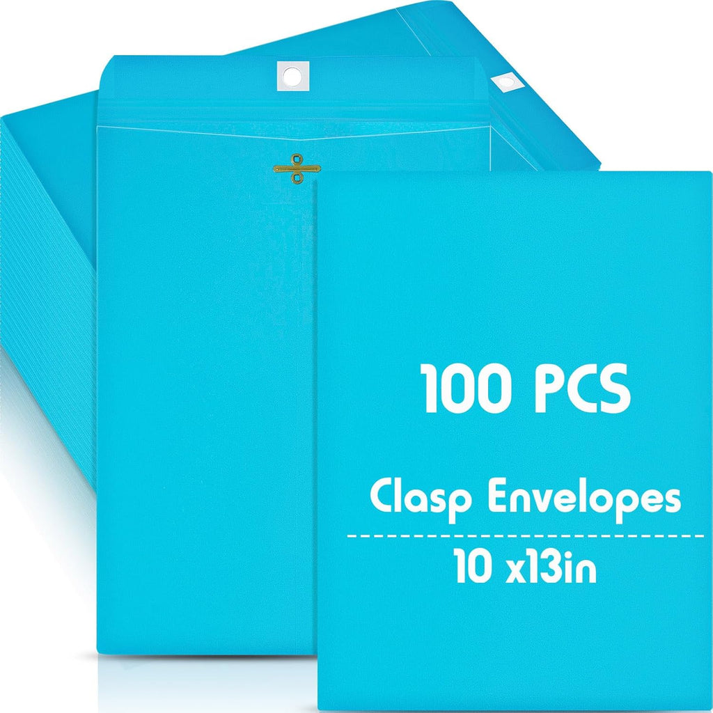 Geyee 100 Pcs Clasp Manilla Envelopes 10 x 13 Inch Gummed Colored Envelopes for Storing or Mailing for Home Office Business Supplies(Lake Blue)