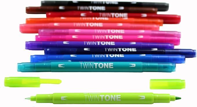 Tombow 61500 Twintone Marker Set, Bright, 12-Pack. Double-Sided Markers for Bold and Precise Writing