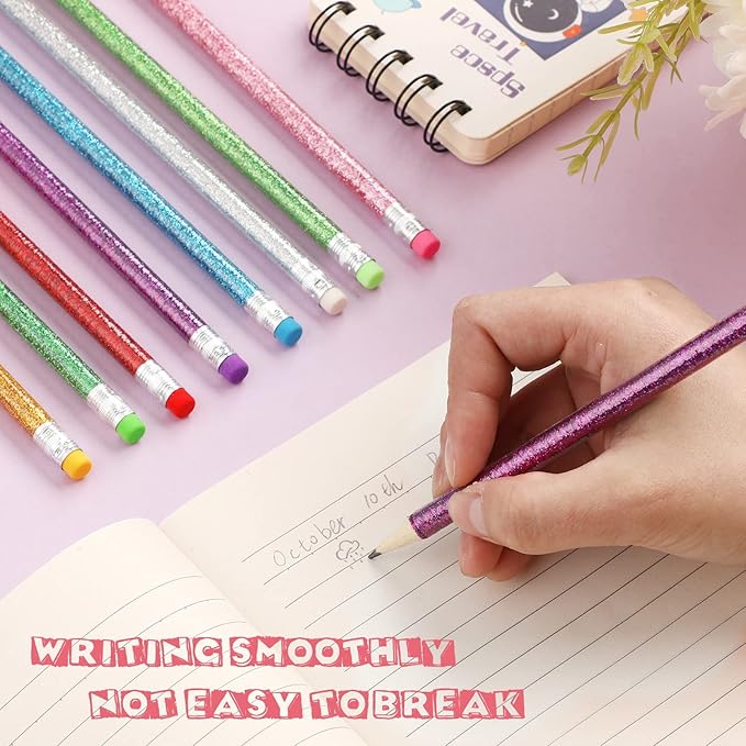 Outus 68 Pieces Glitter Pencils with Eraser Wood Colorful Pencils and Sharpeners for Graduation Kids Writing Painting