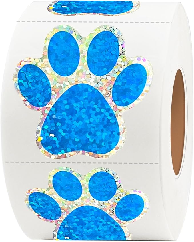 Paw Print Stickers,1.5" Holographic Shiny Bear Paw Print Stickers,Dog Puppy Paw Stickers Bear Paw Stickers with Perforation Line (500 PCS,Blue)