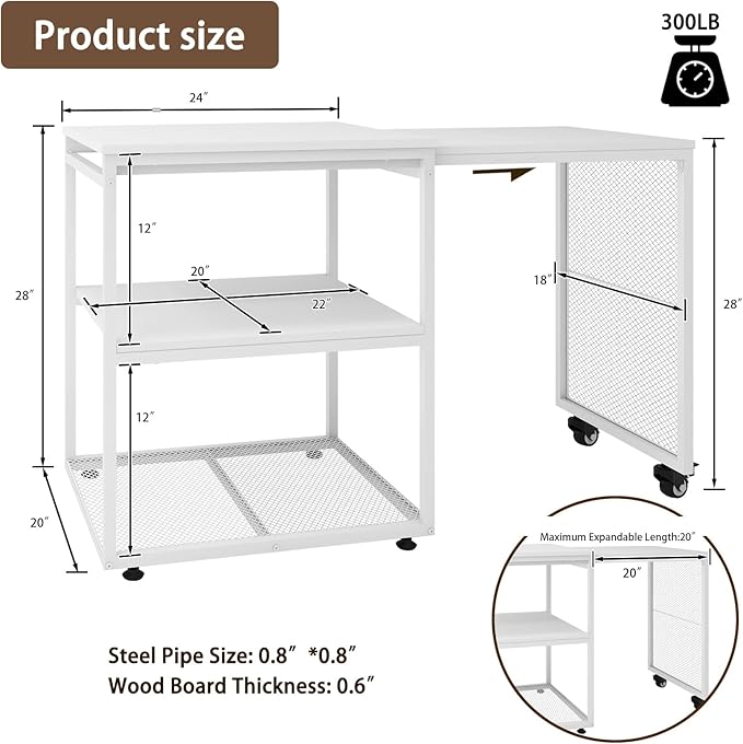Natwind Large Printer Stand with Storage Shelves,Extendable Home Craft Table,Home Office Organization Desk, Versatile Table for Home Office, Kitchen, Study Room, Living Room (White)