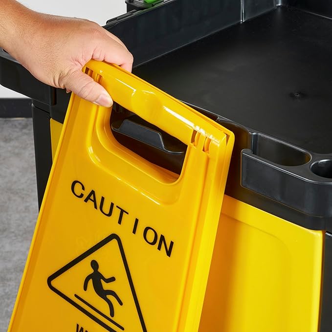 Restaurantware-Clean Tek Professional 3-Shelf Janitor Cart with Wheels, 1 Cleaning Trolley with Cover and 21 Gallon Bag - Includes 1 Double Locking Cabinet, Heavy-Duty, Gray Plastic Janitorial Cart