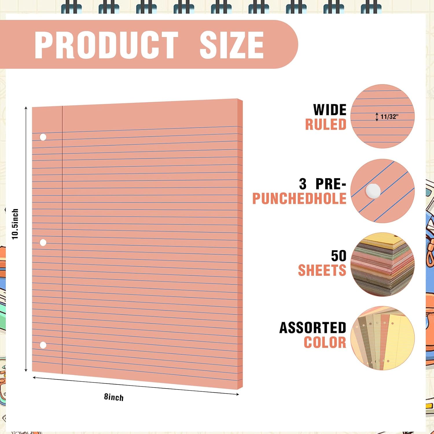 PerKoop 12 Pack 600 Sheets Colored Lined Paper Bulk Wide Ruled 8 x 10.5 Inches, Pastel Loose Leaf Notebook Paper 3 Hole Punched Filler for Back School Classroom Supplies(Cute Color)