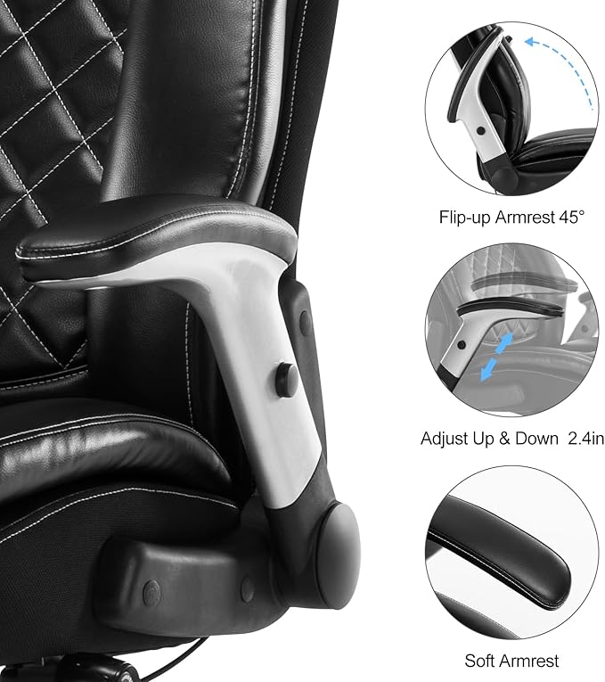 Big and Tall Office Chair 400LBS High Back Executive Chair Computer Chair- Adjustable Lumbar Support with Flip-Up Arms Large Desk Swivel Chair with Heavy Duty Metal Base,Black