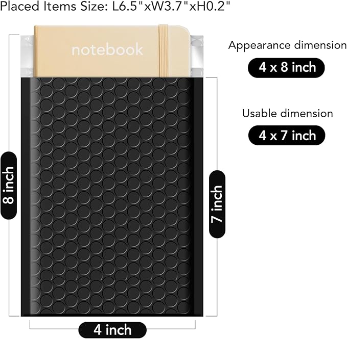 Fuxury 4x8 Bubble Mailer 260 Pack Black Padded Envelopes for Mailing, Small Bubble Mailers Usable Size 4x7" Bubble Envelopes Self-SealPadded Mailers for Small Business Shipping Bulk#000