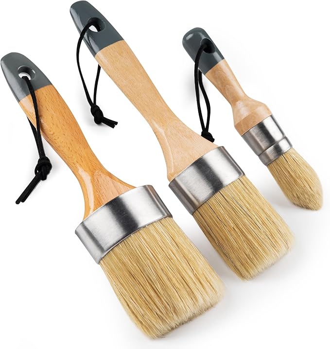 Mister Rui Chalk Paint Brush, Wax Paint Brush Set 3 Pack, Round Paint Brushes Use with All Paints, Natural Bristle Brushes for Painting or Waxing, Home Decor, DIY Art Crafts