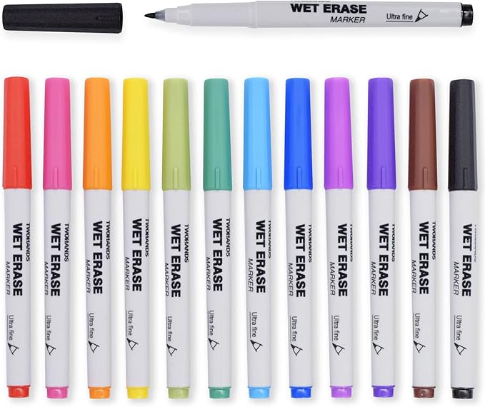 TWOHANDS Wet Erase Markers Ultra Fine Tip,0.7mm,Low Odor,Extra Fine Point,12 Assorted Colors,Whiteboard Markers for Office,Home,or Planning Dry Erase Board,20703