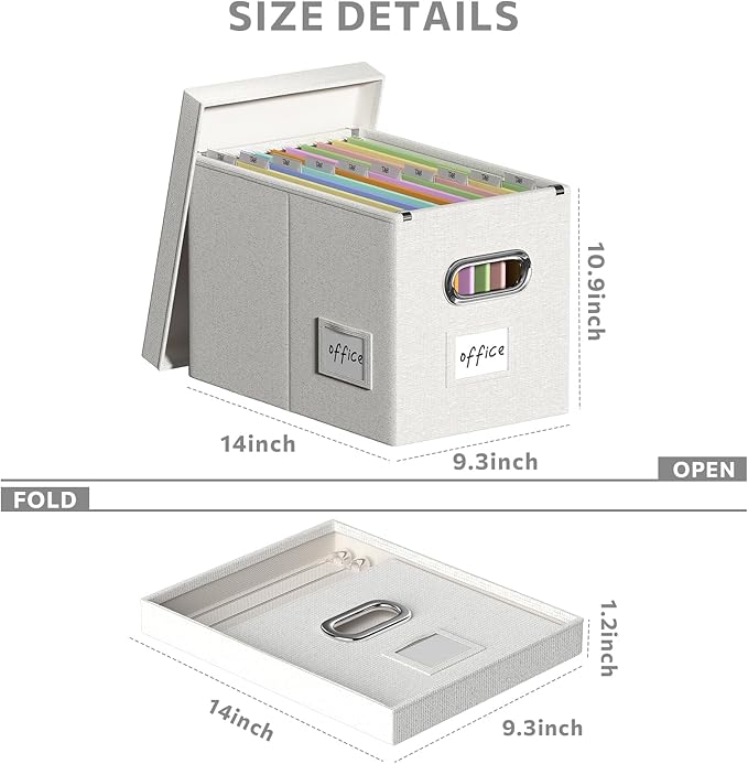 Hanging File Filing Box with Lid, Linen Collapsible File Organizer Box for Hanging Folder, Office/Home Decorative Storage Boxes Filing Cabinet (Off White, 14x9.3x10.9)