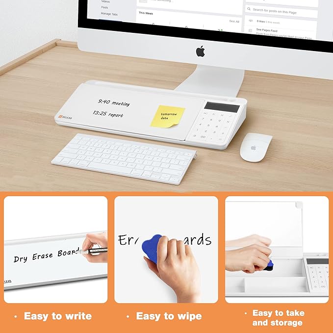 SELEAD Desktop Glass Whiteboard with Calculator & Built-in Mirror, Dry Erase White Board Computer Pad Keyboard Stand with Organizer Drawer, Desk Accessories for Home, School, Office