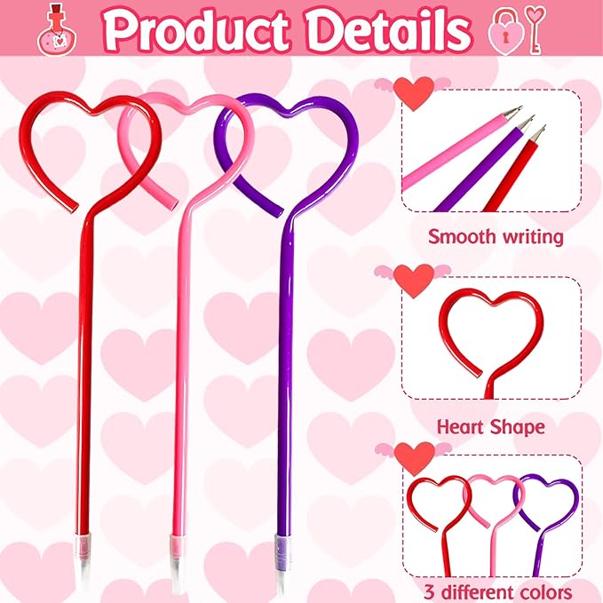 48 Pcs Valentines Day Pens,Heart Shape Pens,Rollerball Pens,Red Pink and Purple Ballpoint Pen for Valentines Party Favor,Boys and Girls,School Office Supplies