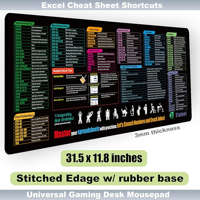 Excel Cheat Sheet Desk Pad, Updated Shortcuts & Gaming Desk Mat (31.5"x11.8") | Non-Slip, Spill-Proof, Black Fabric & Rubber Mat | Employee Appreciation Gift