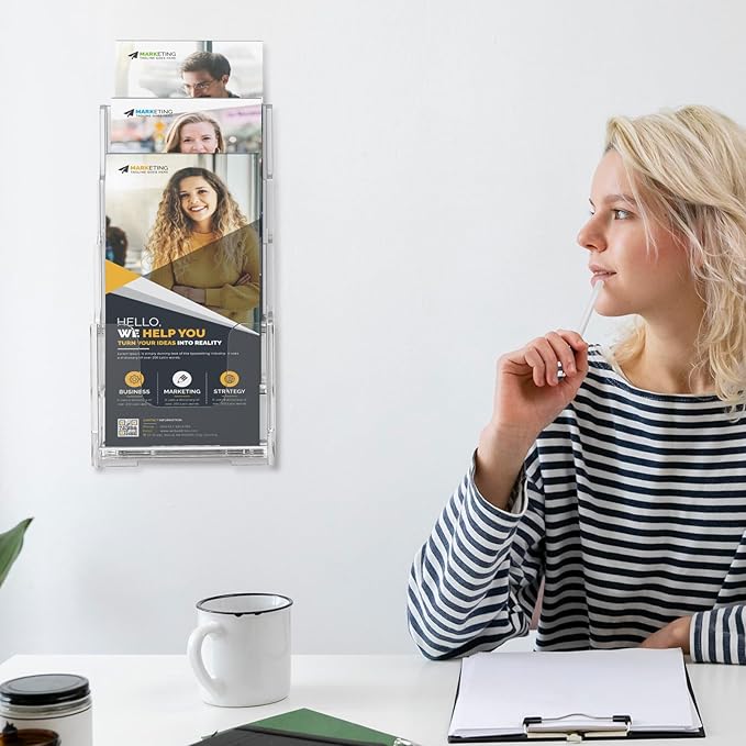 MaxGear Acrylic Brochure Holder, 4-Inch Wide 3 Tier Brochure Display Stand Clear Literature Holder Premium Acrylic Pamphlet Holder Multi Pocket, Wall Mount or Counter Top Use(6 Pack)