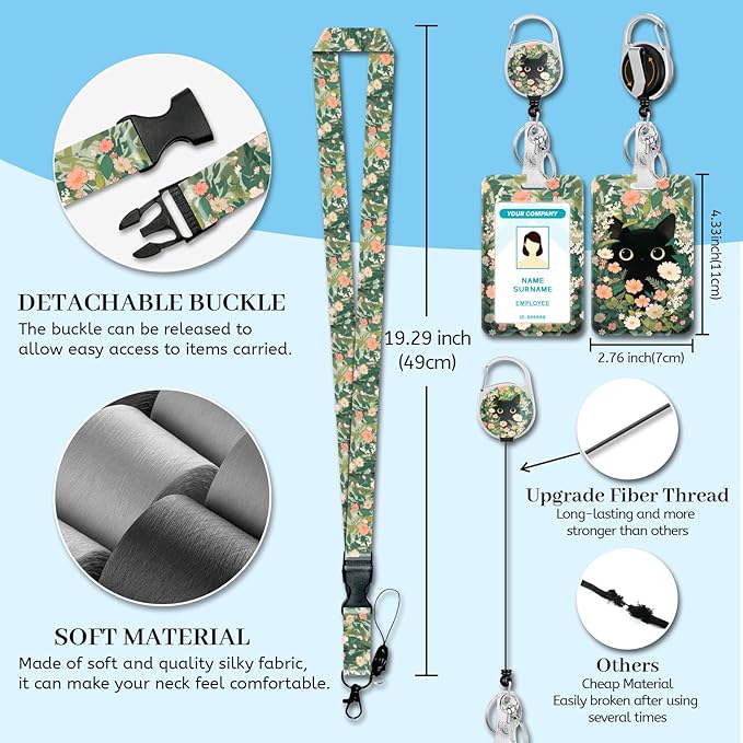 Lanyards for Id Badges, Cat Flower Floral Badge Holder with Retractable Reel Clip, Cute Work Name Tags Keychain Lanyard ID Card Protector Cover Case for Women Teacher Nurse Doctor Office
