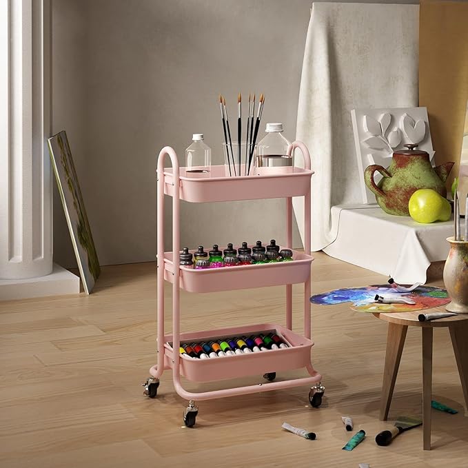3-Tier Pink Utility Rolling Cart,Kitchen Storage Carts with Wheels,Pink Metal Rolling Cart for Office,Home,Kitchen,Garden（18"x11.4"x31.2"） Pink