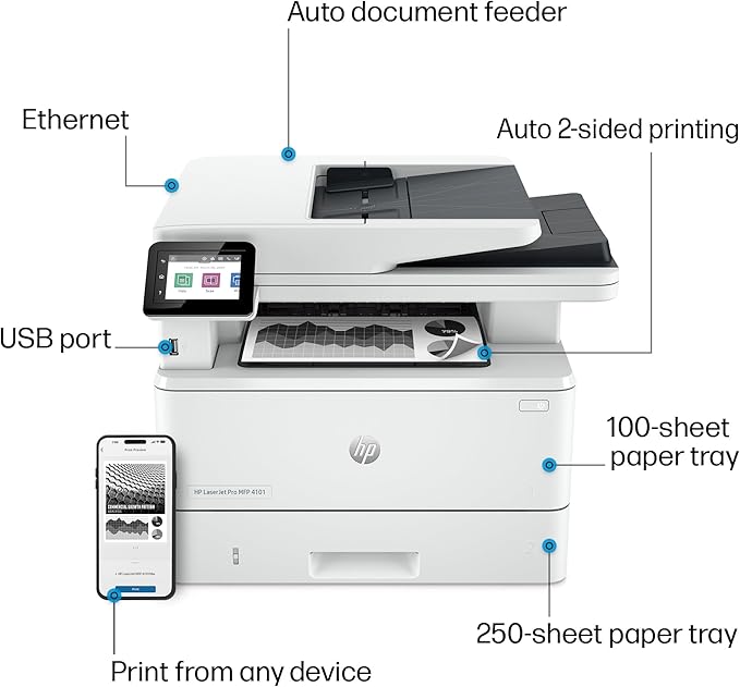 HP LaserJet Pro MFP 4101fdn Printer, Print, scan, copy, fax, Fast speeds, Easy setup, Mobile printing, Advanced security, Best for small teams, Ethernet/USB only