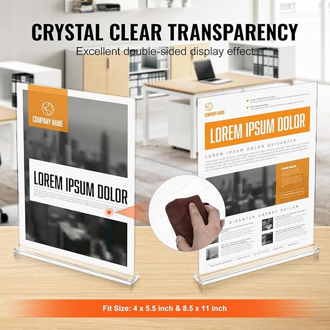 VEVOR Acrylic Sign Holder, 6 Pack 8.5 x 11-inch Brochure Display Holders, T-Shape Double Sided Display Sign Stand, Clear Acrylic Table Menu Photo Paper Holder for Restaurant Office Wedding Bar