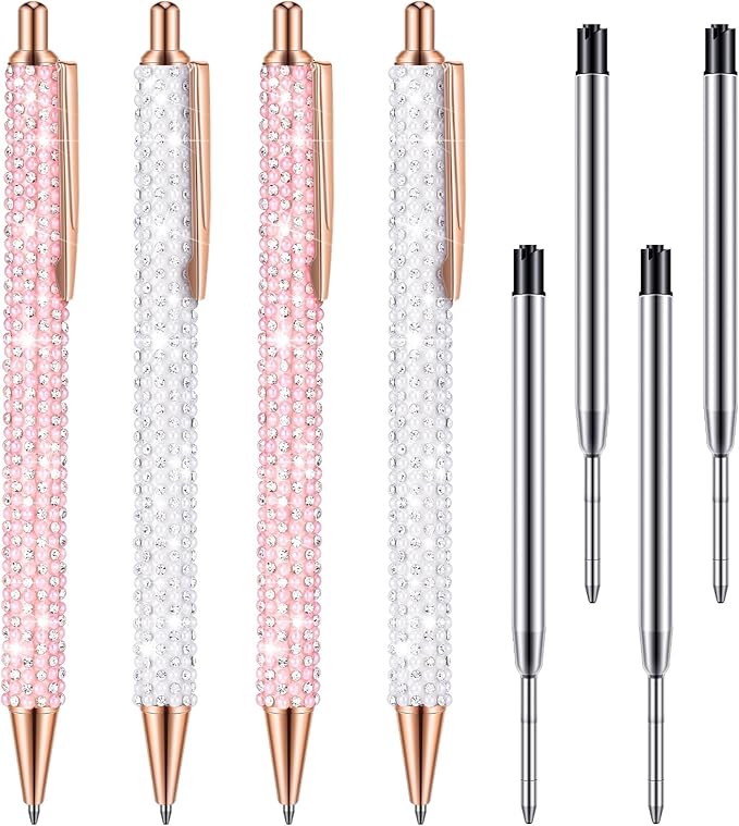 Ireer 4 Pcs Bling Rhinestone Sparkly Pens for Women Diamond Ink Crystal Glitter Metal Ballpoint Bedazzled Fancy Pens 4 Pcs 1.0mm Refills(Pink, White)
