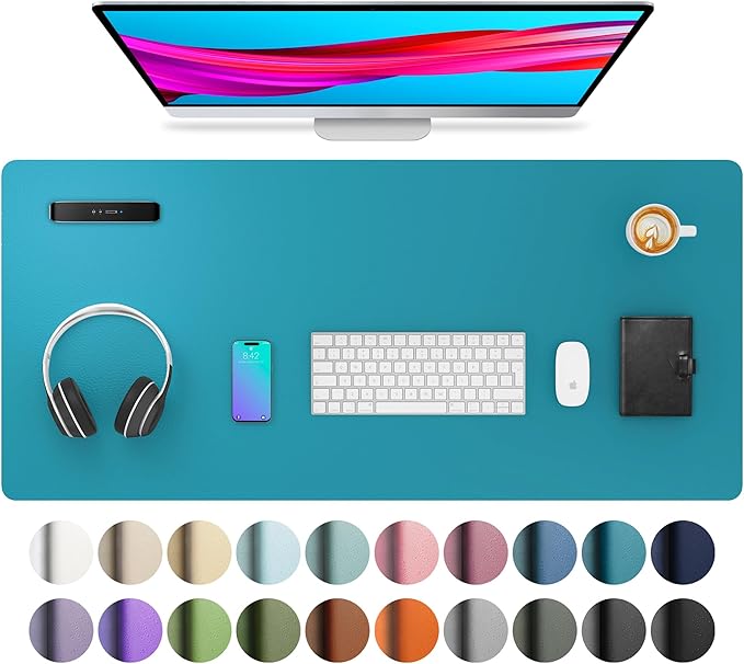 Aothia Leather Desk Pad Protector, Mouse Pad, Office Desk Mat, Non-Slip PU Leather Desk Blotter, Laptop Desk Pad, Waterproof Desk Writing Pad for Office and Home (Turquoise,36" x 17")