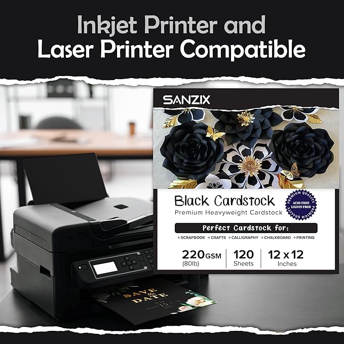 SANZIX 120 Sheets Black Cardstock 12x12 - Heavyweight 80 Lbs 220 GSM Black 12x12 Cardstock for Crafts | Laser & Inkjet Printer Compatible, Perfect for Scrapbooking, Invitations, Card Making & DIY
