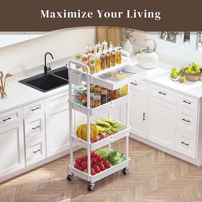 4 Tier Rolling Utility Cart with Drawer, Utility Storage Organizer with Plastic Shelf & Lockable Wheels Multifunctional Storage Cart for Kitchen, Bathroom, Office, Living Room, White