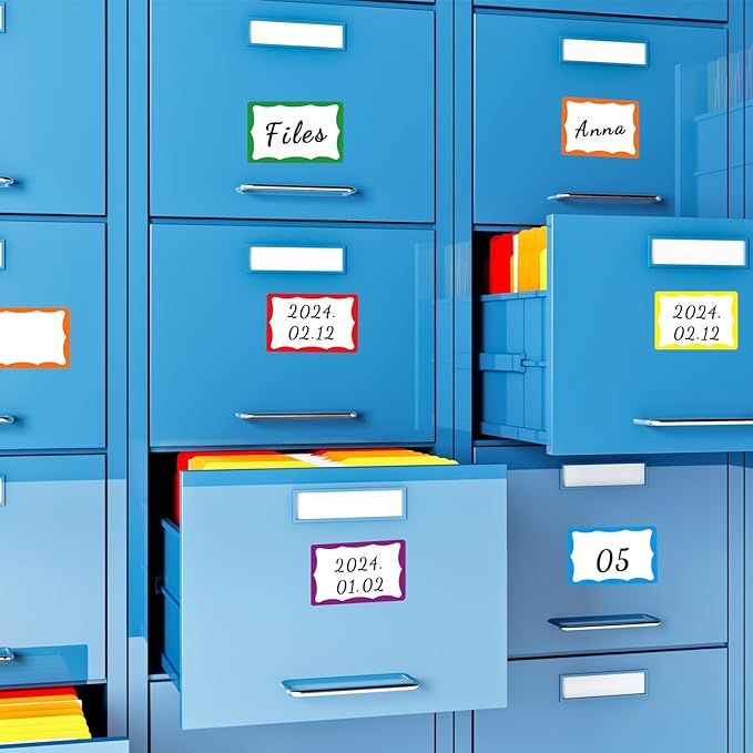 Removable Name Tags, 3 1/2" x 2 1/4", White with Colorful Border, 120 Waterproof Name Badges for Office,School,Classroom and Home