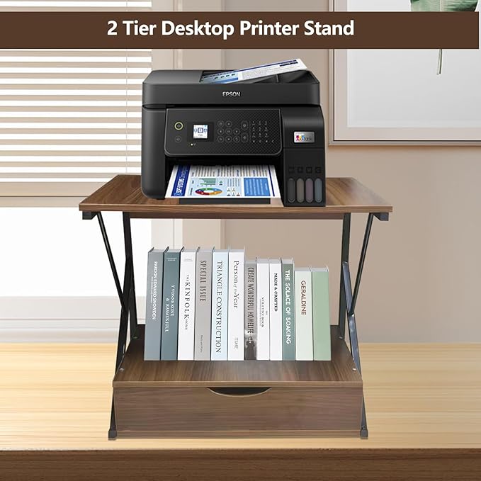 Printer Stand for Desk,2 Tier Desktop Printer Stand,Home Printer Stand with Storage Drawer,Small Printer Table,Desk Organizer Shelf for Top of Desk,Printer Rack for Fax Machine,Scanner-Walnut
