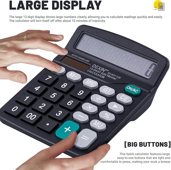 Golcellia Calculators Desktop, Black Calculator, Cute Calculator 12 Digit Desk Calculator Large Display, Dual Power Solar Battery, Office Home School Supplies for Adults & Students