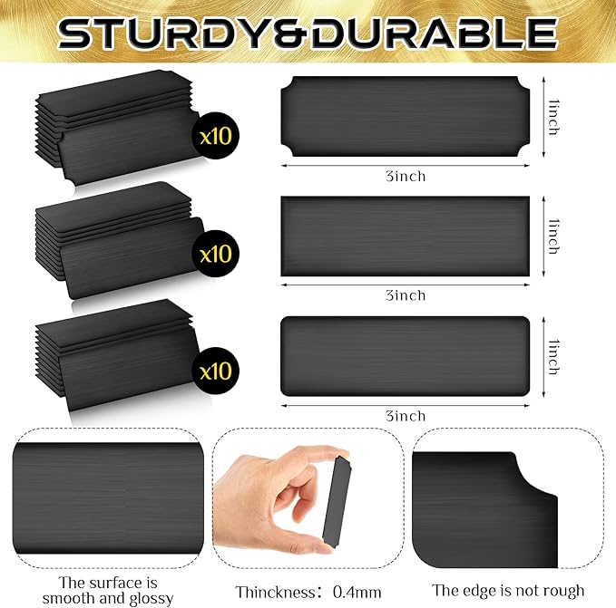 Therwen 30 Pcs Name Plates Laser Engraved Brushed Stainless Steel Plate Personalized Plaque Blank Custom Name Tag Frame Label with Adhesive Backing(Black Multi Shape,1''x 3'')