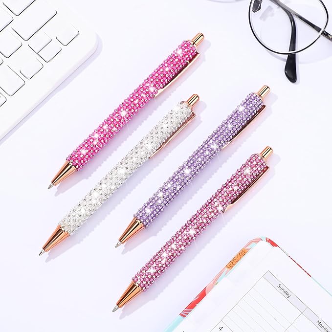 Ireer 4 Pcs Bling Rhinestone Sparkly Pens for Women Diamond Ink Crystal Glitter Metal Ballpoint Bedazzled Fancy Pens 4 Pcs 1.0mm Refills(Pink Series Color)