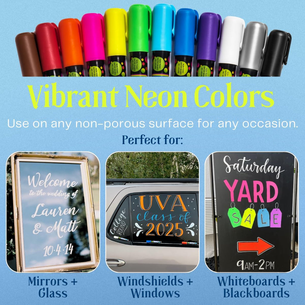 Liquid chalk markers 12 neon erasable Whiteboards, glass boards, chalkboards, windows, mirrors, car windshields, auto, glass. Odorless, non-toxic. Wet or dry erase. Thick and thin tip