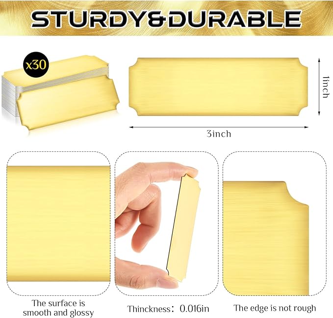 Therwen 30 Pcs Name Plates Laser Engraved Brushed Stainless Steel Plate Personalized Plaque Blank Custom Name Tag Frame Label with Adhesive Backing(Gold Notched Corner,1''x 3'')