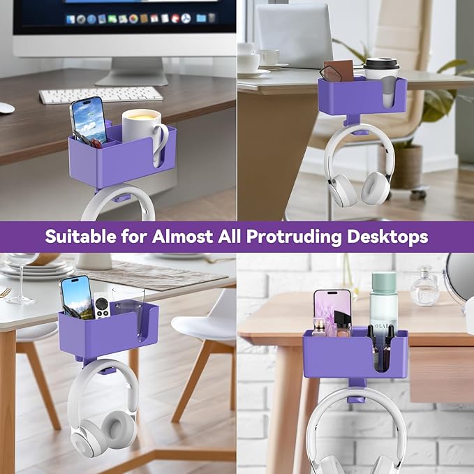 KDD 4 in 1 Desk Cup Holder - Clamp on Under Desk Headphone Hanger - Rotating Headphone Holder Detachable Pen Cup Holder Desk Storage for Cup, Phone and Pen(Purple)