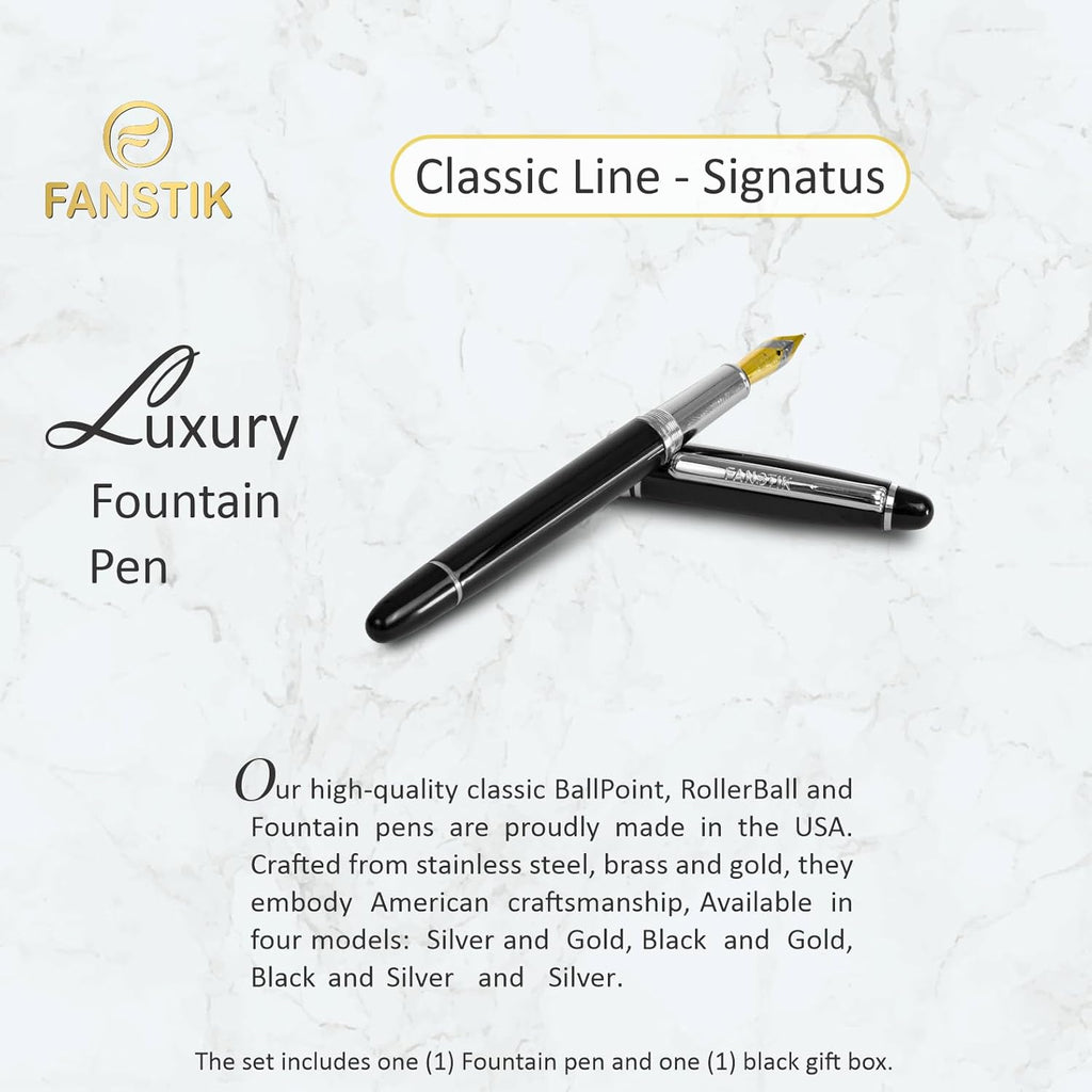 Customized Fountain pen with name (MADE IN USA), stainless steel, black and Silver, luxury engraved pen personalized for men and for women. (Fountain Black-Silver)
