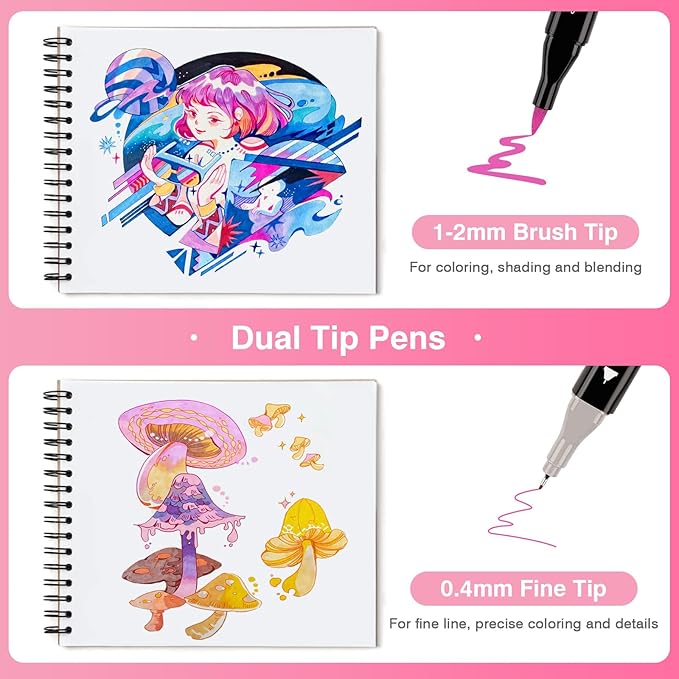 ABEIER Dual Brush Tip Marker Pens, 100 Vibrant Colors, Water-Based, Non-Toxic Art Supplies for Kids Adults, Perfect for journaling, Drawing, Sketching, and Illustration in Coloring Books
