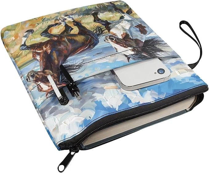 COEQINE Art Horse Book Cover with Zipper Portable Book Sleeves Book Lovers Gifts Book Cover with Pen Holder Washable Book Sleeve Book Cover Book Protector Horse