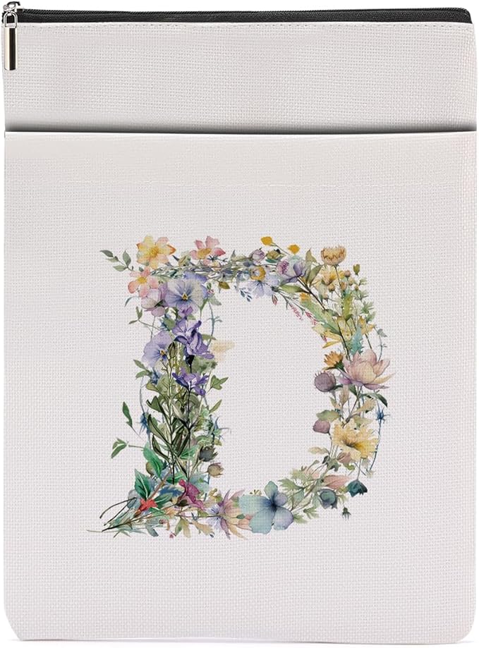 Monogrammed Book Sleeve Floral D Initial Book Pouch Book Accessories Book Lovers Gifts Waterproof Book Cover Book Protector Bookish Gifts Personalized Gifts for Women Girls Readers Bride Daughter