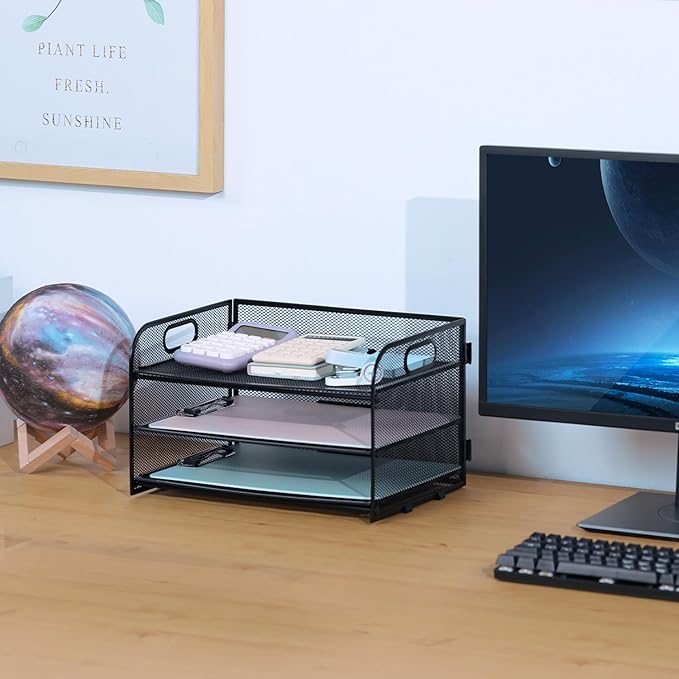 3-Tier Letter Tray Paper Organizer with Handle, Compact Mesh Desk File Organizer for Home Office Supplies Desktop Accessories,Black
