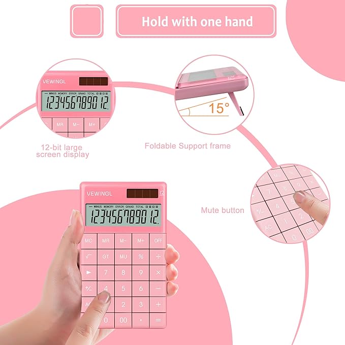 VEWINGL Laptop Keyboard Calculator 12 Digit,Dual Power Battery and Solar,Desk Calculator with Large LCD Display for Office,School, Home & Business Use,Tablet Button,Automatic Sleep.6.5 * 4 in (Pink)