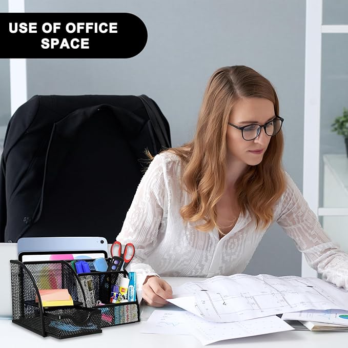 Mesh Desk Organizer, Desktop Organizer with Drawer, Office Supplies Multi-Functional Caddy, Metal Stationary Black Desk Caddy, with 6 Compartments and 1 Drawer for Home, School, Workshop, kitchen