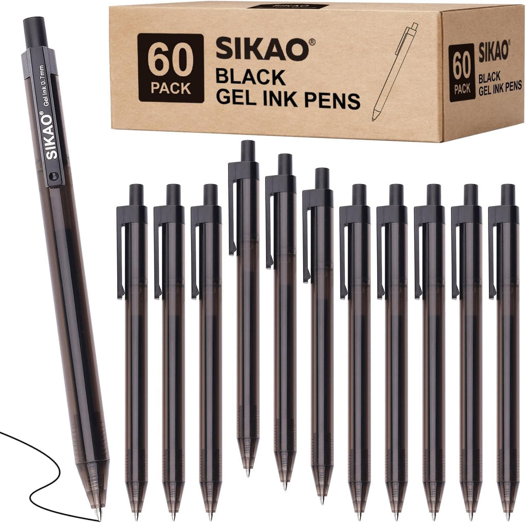 Black Gel Pens Bulk, Fine Point Smooth Writing No Smudge, 0.7mm Ink, Retractable Rollerball, Server, Office Lapiceros (60 Pack)