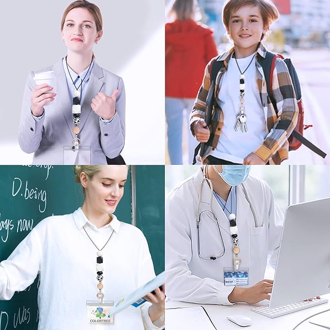 Retractable Lanyards for ID Badges and Keys, Cute Breakaway Teacher Lanyard with Badge Holders and Reels, Silicone Beaded Lanyard for Women, Nurses, Office with 2 Waterproof Card Holders