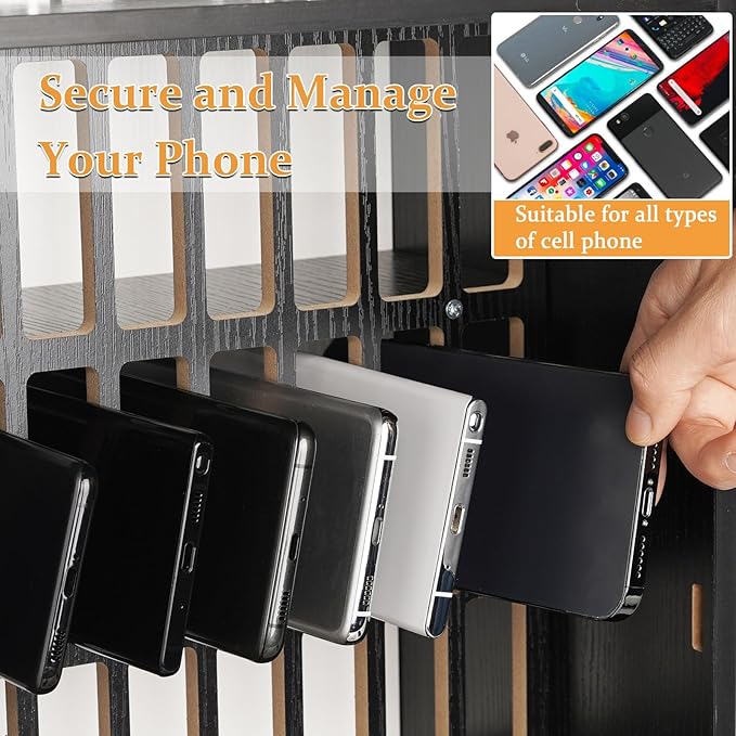 Cell Phone Holder Classroom 36 Slots Wooden Cell Phone Storage Cabinet Pocket Chart with Handle and Security Lock for Classroom Office (36 Grid Cabinet Black)