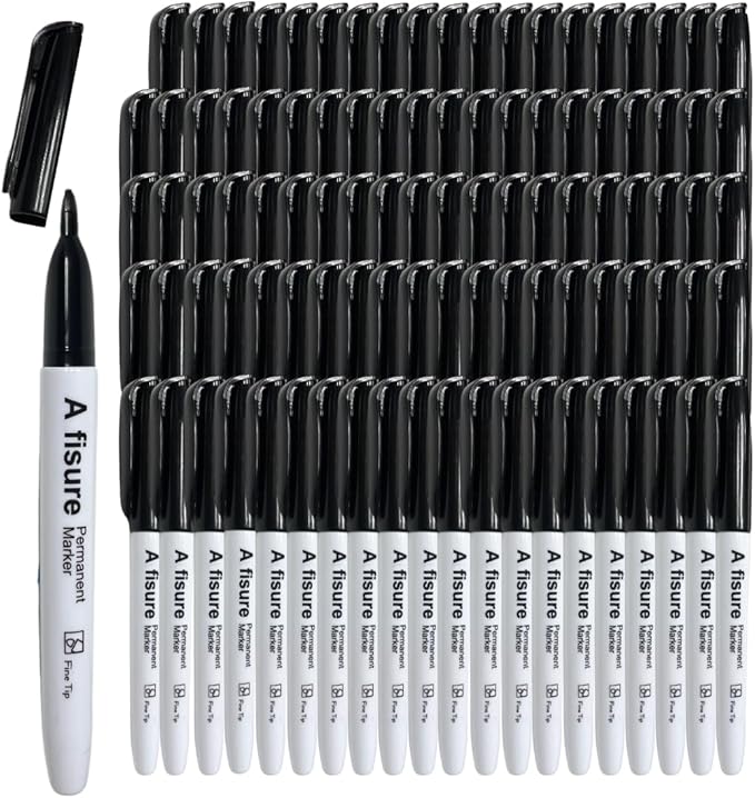 100 Pack Black Permanent Felt Waterproof Markers, Fine Point, Fade Resistant, Writes on Plastic, Metal, Glass, and Stone.