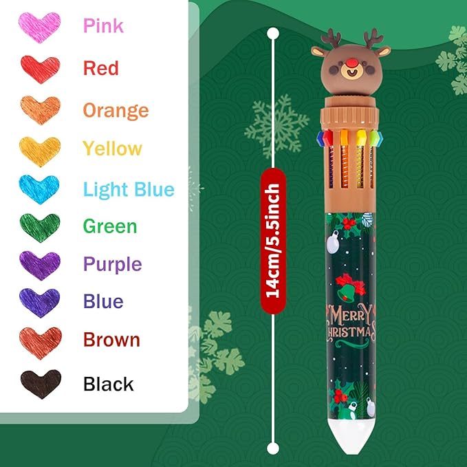 Cute Cartoon Christmas Multicolor Ballpoint Pen 0.7 mm, 10-in-1 Colored Pens Fine Point Retractable Ballpoint Pens for Office School Students Kids Birthday Gift, 5 Pack